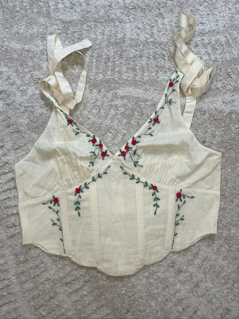 LPA White Embroidered V-Neck Corset Camisole with Red and Green Floral Detail XL - Picture 6 of 11